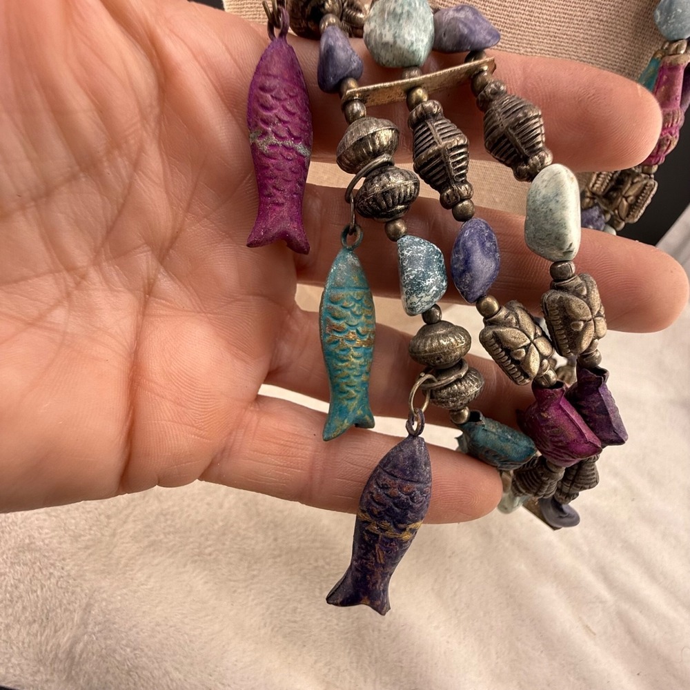 Vintage Fish Necklace Beaded Stone Tribal Layered Adjustable 28"